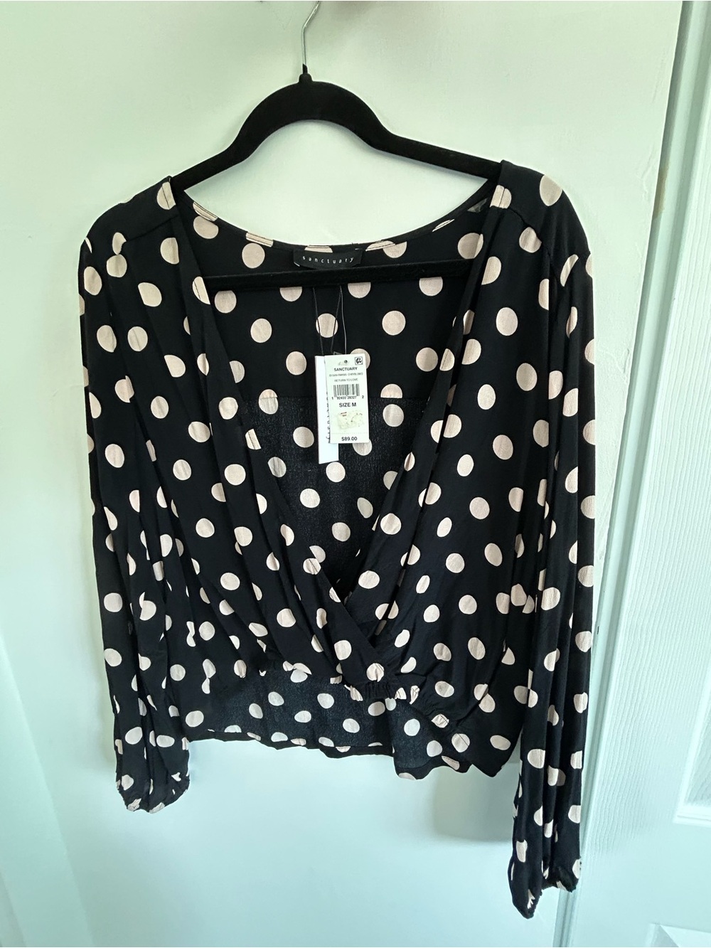 Sanctuary Black Polka Dot Surplice Long-Sleeve Blouse